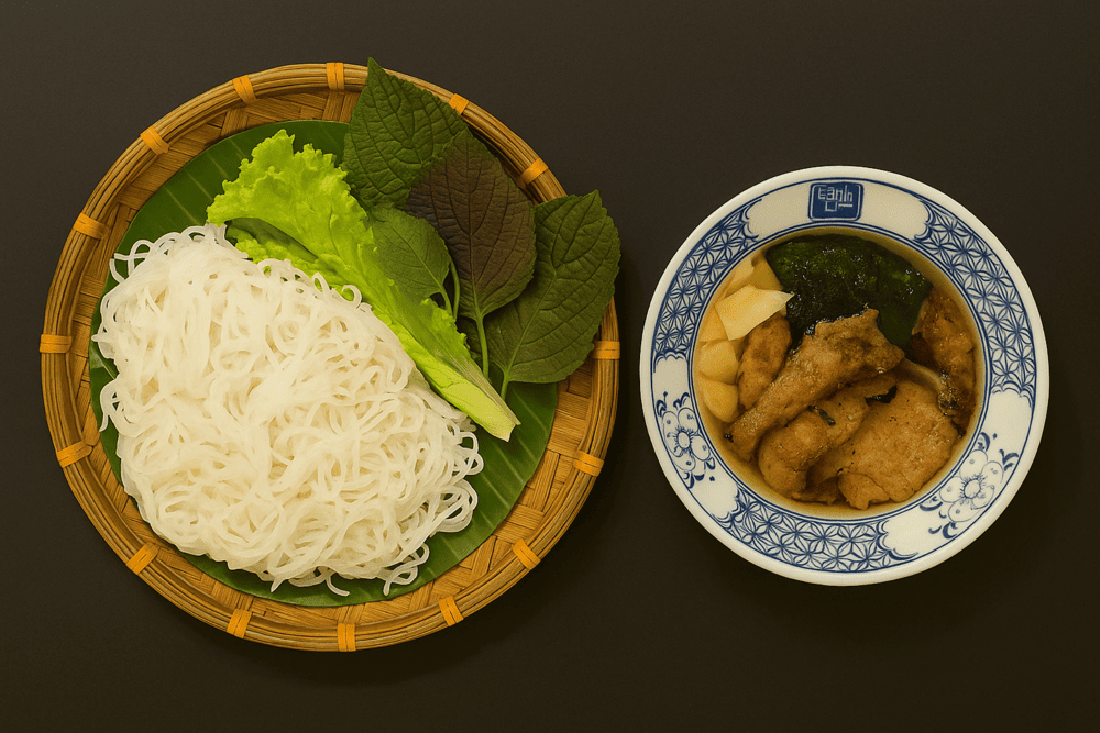 The grilled pork and tangy-sweet dipping sauce are marinated and prepared in true Hanoi style